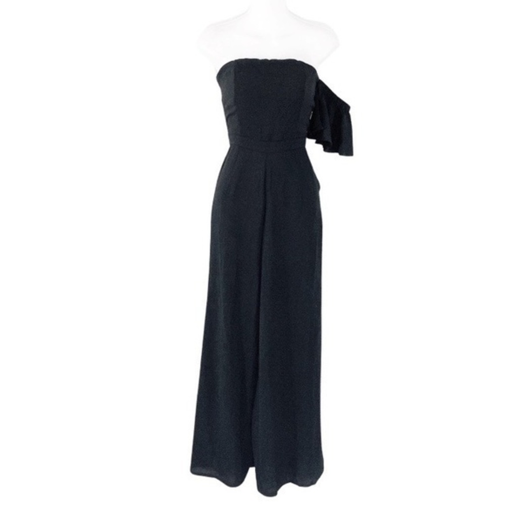 Showpo. Black One Flutter Sleeve Strapless Wide Crop Leg Jumpsuit 4 M2
